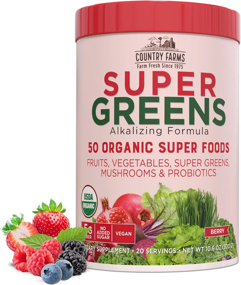 Country Farms Organic Super Greens Berry Flavor Drink Mix, 50 Organic Super Foods, 5g Fiber, USDA Organic