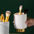 IEEK Glass Makeup Brush Holder Organizer - White and Gold Ceramic Cup for Brushes, Modern Striped Vase