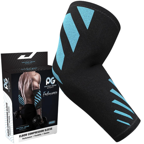 Physix Gear Workout Elbow Sleeves, Compression for Weightlifting, Tendonitis, Bursitis, Blue/Black, S