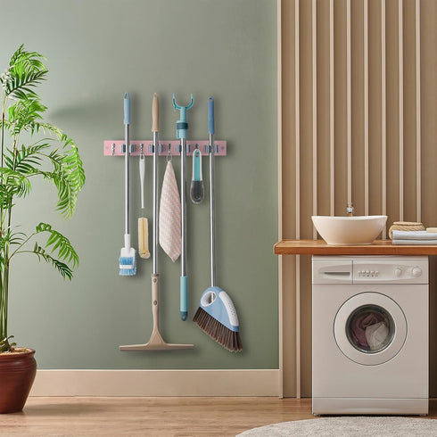 Pink Mop Broom Holder Wall Mount, 4 Slots & 4 Hooks, Wood Hanger for Kitchen Organization and Decor