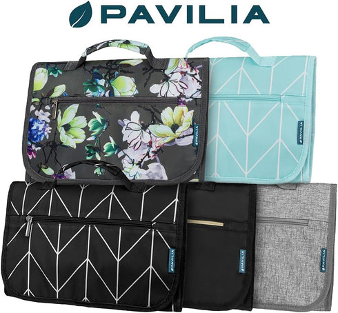 PAVILIA Hanging Toiletry Bag for Women Men, Waterproof Travel Kit, Foldable Cosmetics Organizer, Jewelry Case (Floral
