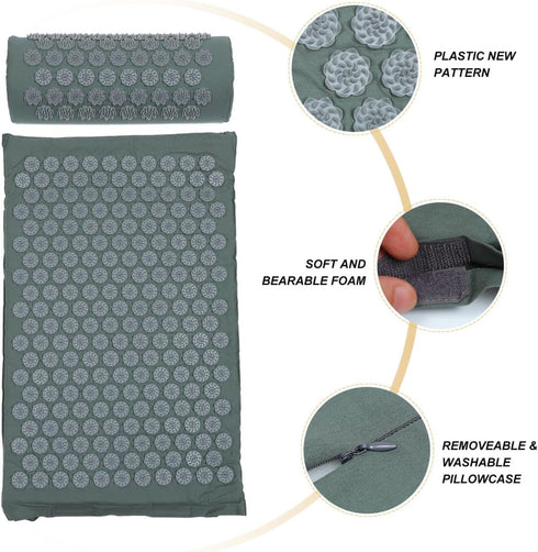 Set Acupressure Mat and Massage Pillow with Carry Bag for Relief and Muscle Relaxation, Portable Yoga Exercise Mat