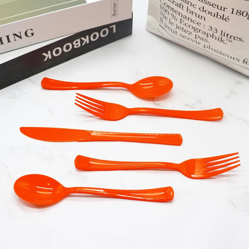 150 Pack Orange Plastic Silverware - Heavy Duty Cutlery with 50 Forks, 50 Spoons, 50 Knives for Parties