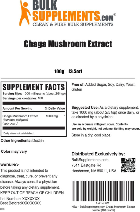 BulkSupplements.com Chaga Mushroom Extract Powder - Mushroom Supplement, Chaga Mushrooms Powder, Chaga Extract - Chaga Powder, Vegan & Gluten Free - 1000mg per Serving, 100g (3.5 oz)