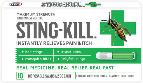 Sting-kill First Aid Anesthetic Swabs, Instant Pain and Itch Relief from Bee Stings and Bug Bites, 10-Count