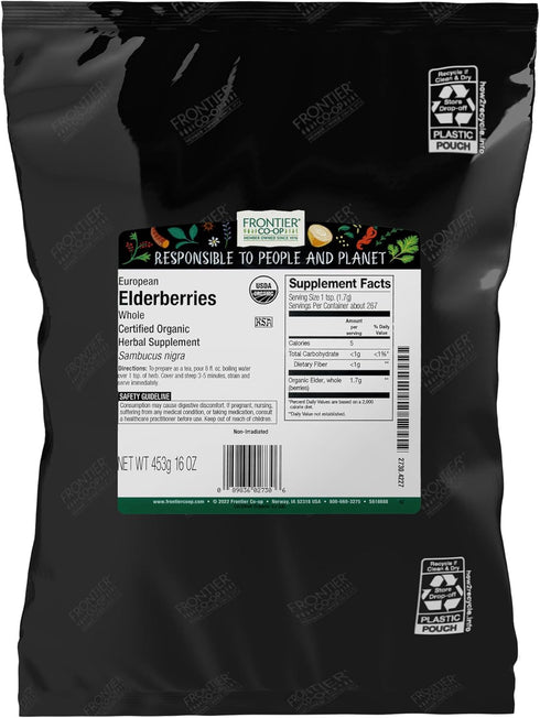 Frontier Co-op Organic Dried Elderberries, European Whole - Non-GMO Elderberry Berries Dried