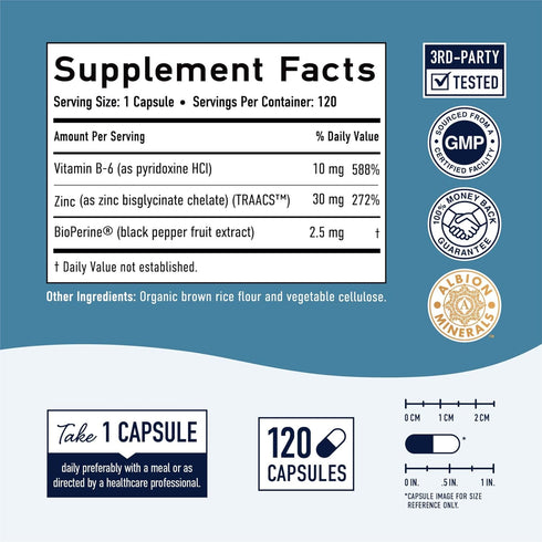 Chelated Zinc Supplements | Zinc Glycinate 30mg | TRAACS Chelated Zinc Bisglycinate, Vitamin B6 & BioPerine | Immune