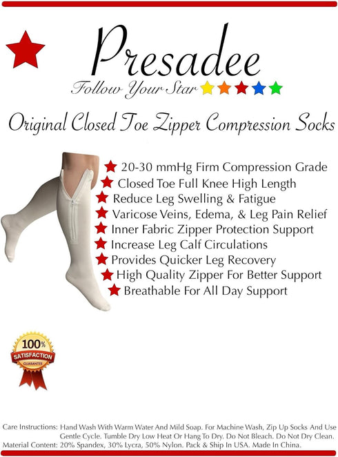 Original White Compression Leg Zipper Closed Toe Socks, 20-30 mmHg (3X-Large)