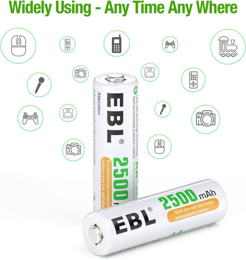 EBL AA Rechargeable Batteries, 1.2V 2500mAh High Performance Pre-charged, 8 Pack