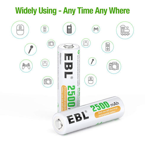 EBL AA Batteries, 10 Counts, 2500mAh, 1.2V High Performance, Precharged Ni-MH Rechargeable