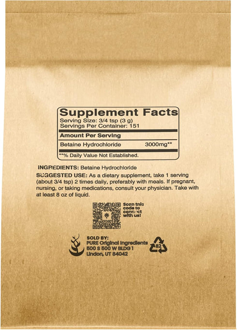 PURE ORIGINAL INGREDIENTS Betaine HCL 1 lb, No Additives or Fillers, Lab-Verified Supplement