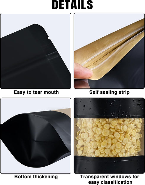100 Pcs Resealable Bags, 5.5" x 7.9" Stand Up Black Kraft Paper Bags with Matte Window, Zip Lock Storage