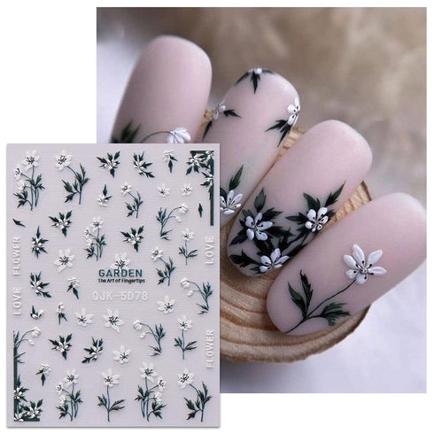 JMEOWIO 6 Sheets 3D Embossed Spring Flower Nail Art Stickers, Self-Adhesive Decals for Summer Nail Design