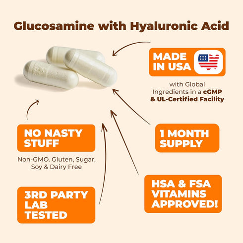 Glucosamine Sulfate with Hyaluronic Acid, 5-in-One Joint Support Supplement, Antioxidant & Inflammatory Support, 2 Pack