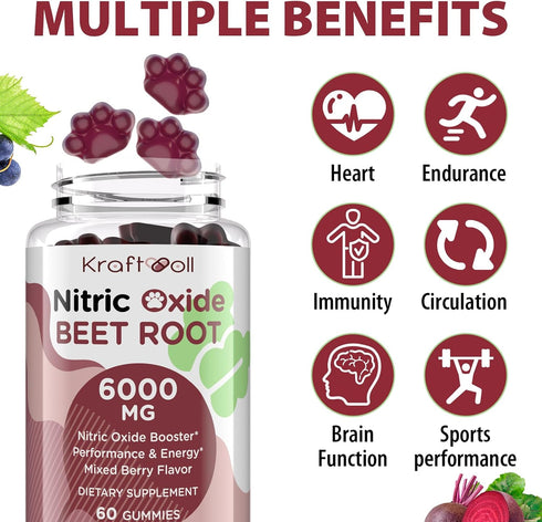 Nitric Oxide Beet Root Gummies 6000MG Supplements - Sugar Free Beetroot Grapeseed Powder