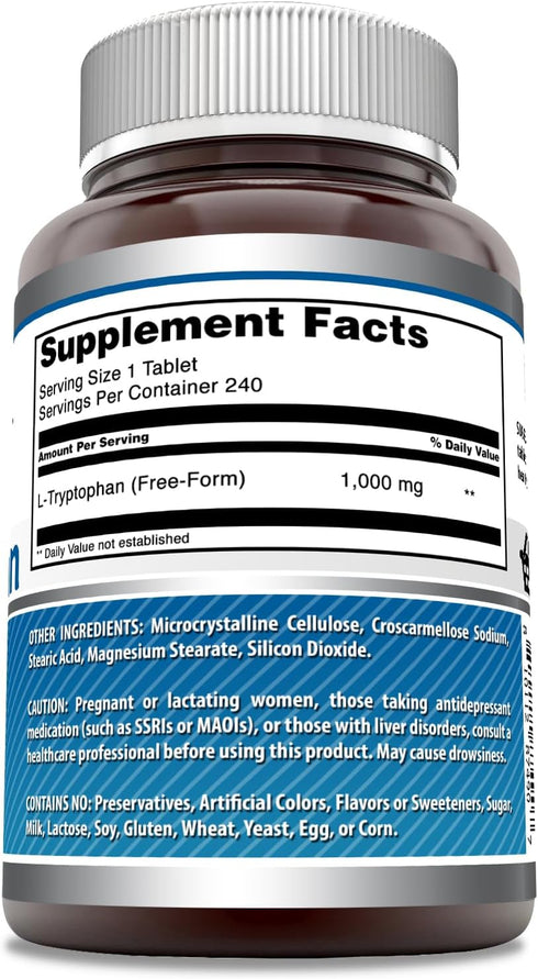 Amazing Formulas L-Tryptophan 1000mg Tablets Supplement - Non-GMO, Gluten Free, Made in USA (240 Count)