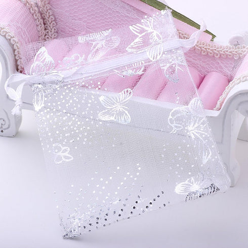 Wudygirl 100pcs Drawstring Organza Bag, 3.54X4.72 Inch, White Butterfly for Wedding Favors