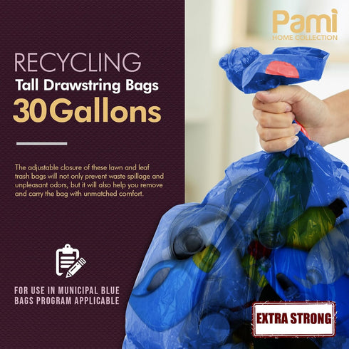 PAMI Recycling Tall 13-Gallon Kitchen Drawstring Trash Bags, Extra-Strong Plastic Garbage Bags, Blue 35 Pack