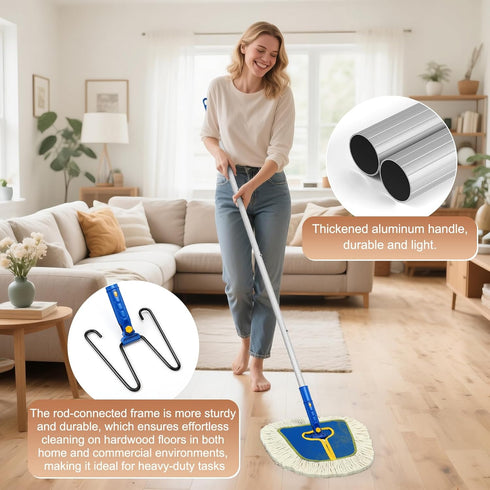 SOBONNE Commercial Dust Mop for Hardwood Floors Cleaning, Heavy Duty Industrial Dry Mop with Wedge Cotton Mop Pads