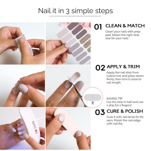 NAILOG Semi Cured Gel Nail Strips - 20 Extra Long Polish Stickers/Wraps, Glossy & Long Lasting Soft Gel Finishing