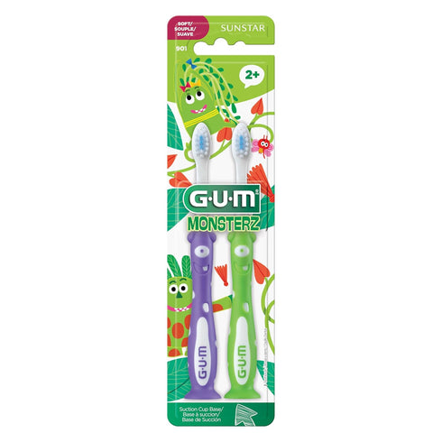 GUM Monsterz Children and Toddler Toothbrush , Soft Bristled Kids’ Toothbrush with Suction Cup , For Ages 2+, 2ct (6pk)