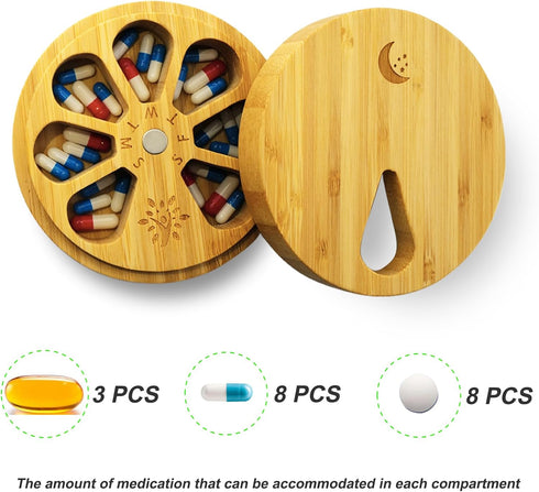 Set 2 2 7-Day AM&PM of Bamboo Wood Pill Organizer for Medicine Vitamin Times a Day, Arthritis Friendly Pill Box Medium