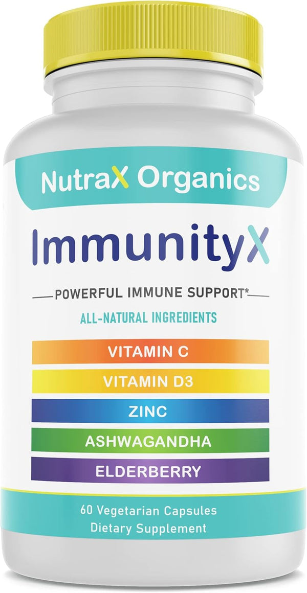 All-in-One Organic Immune Support Supplement 60 Vegan Capsules - Elderberry 500mg, Ashwagandha 500mg, Vitamin C and Zinc