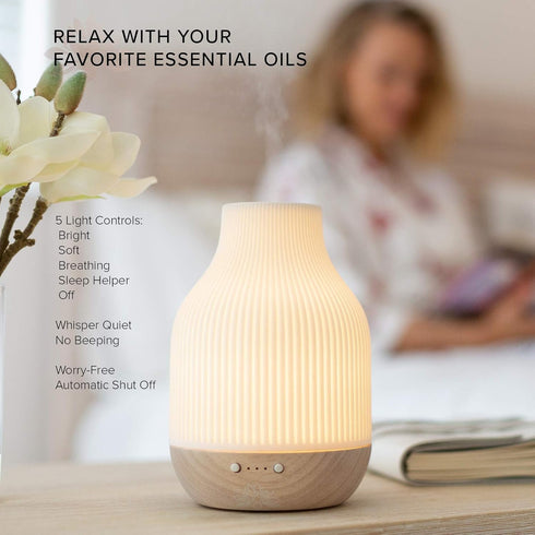 Settings Sacred Lotus Love Ceramic Essential Oil Diffuser Ultrasonic Aroma Diffuser with Wood Base, Ambient LED Light