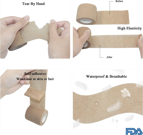 Vet Wrap Medical Tape, 1 inch x 12 Pack, White Self-Adhering Bandage Fabric, Waterproof Wrap