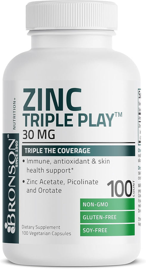 Bronson Zinc Triple Play 30 mg Immune Support Supplement with Zinc Acetate, Picolinate & Orotate - 100 Vegetarian
