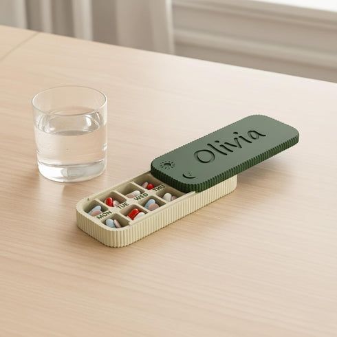 LUJU STUDIO 7 Personalized Weekly Pill Organizer with Custom Name, Travel Size Day AM PM Pill Box with Lid, Medication