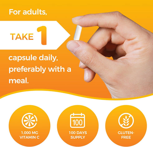 Vitamin World Vitamin C 1000 mg with Bioflavonoids - 100 Capsules for Immune Support & Antioxidant Protection