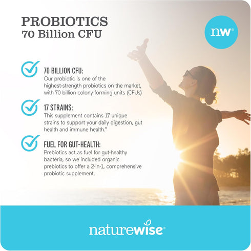 NatureWise Probiotics | 30 Capsules | 70 Billion CFU - 17 Strains + Organic Prebiotics - Immune, Digestive & Gut Health