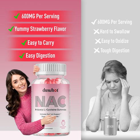 NAC Gummies 600mg - N Acetyl Cysteine Supplement for Antioxidants & Immune Support, Natural Strawberry Flavor