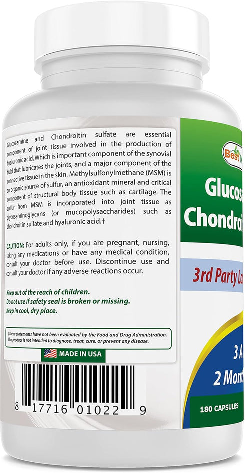Best Naturals Glucosamine Chondroitin and MSM Non-GMO - Promotes Joint Health - 180 Count