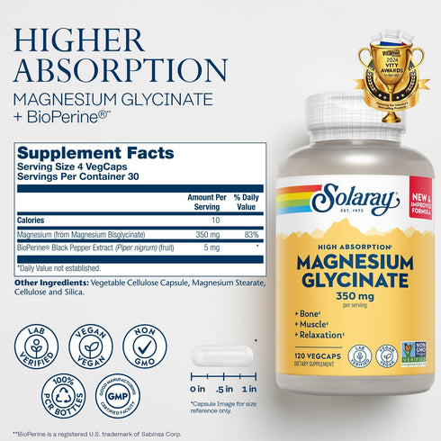 Solaray Magnesium Glycinate, New & Improved Fully Chelated Bisglycinate with BioPerine, High Absorption Formula, Stress, Bones, Muscle & Relaxation Support, 60 Day Guarantee (30 Servings, 120 VegCaps)