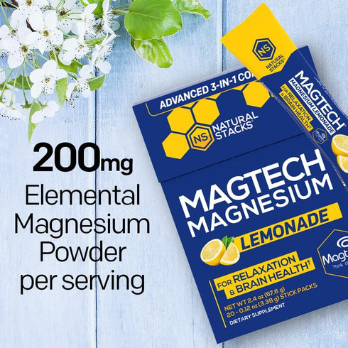 MagTech Magnesium Lemonade Drink Mix - Chelated Magnesium Complex, 20 Stick Packs