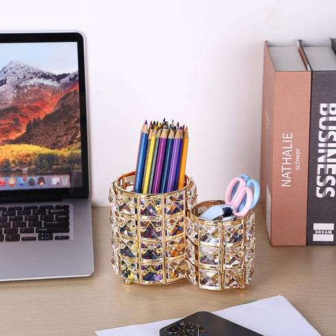 Hipiwe Makeup Brush Holder, Gold Bling Crystal Organizer for Brushes, Remote Control, and Cosmetic Tools, 2-Slot