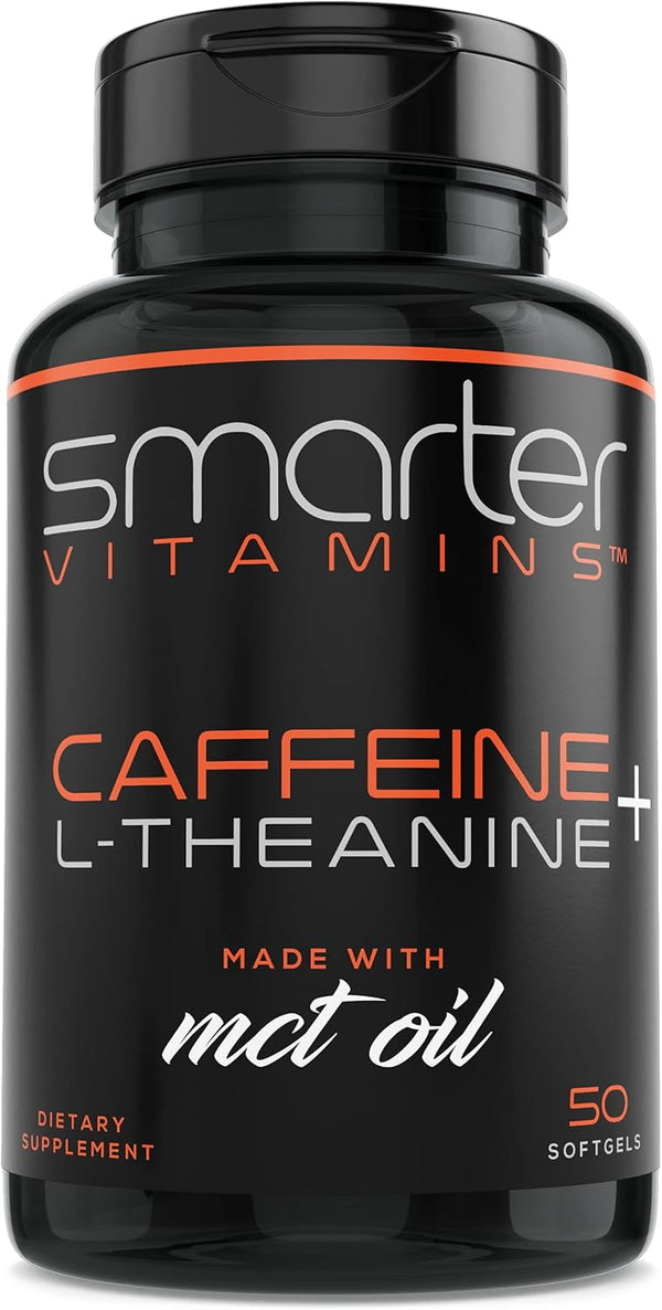 SmarterVitamins 200mg Caffeine Pills - MCT Oil from 100% Coconuts + 100mg L-Theanine, Energy Focus, 50 Liquid Softgels