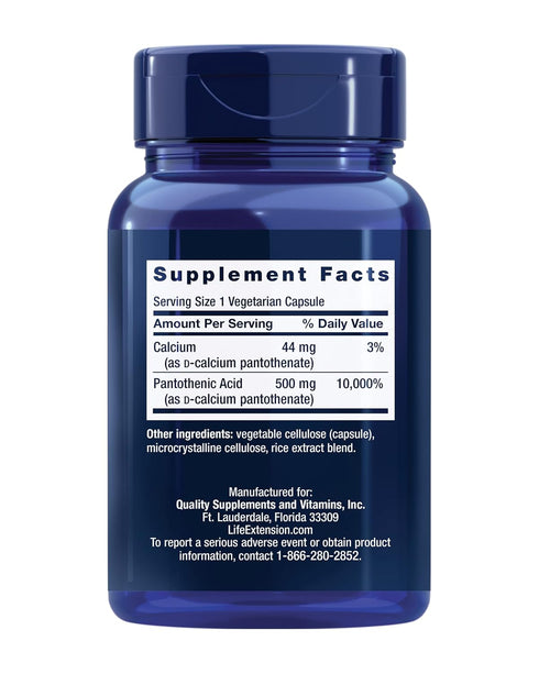 Life Extension Pantothenic Acid 500 mg – Pantothenic Acid with Calcium Supplement – Essential B Vitamin For Optimal Health - Once Daily - Gluten-Free, Non-GMO, Vegetarian – 100 Capsules