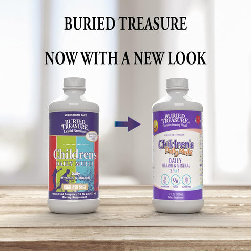 Buried Treasure Children's Daily Multi Liquid Multivitamin & Minerals Nutritional Dietary Vegan Supplement for Kids No Artificial Ingredients Non-GMO Natural Fruit Flavors, 16 oz w/Dose Cup
