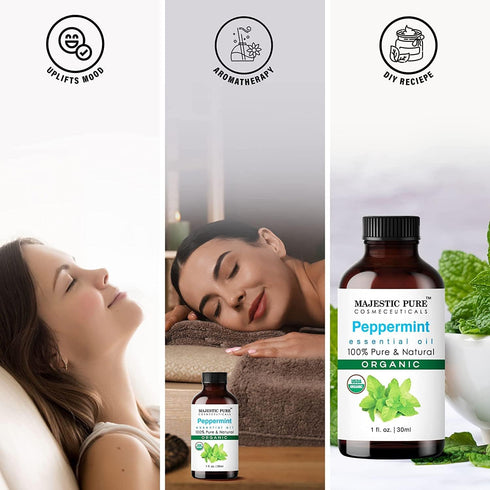 Majestic Pure Peppermint Essential Oil, 100% Organic Oil for Aromatherapy, Skincare, Hair Care, Household Use