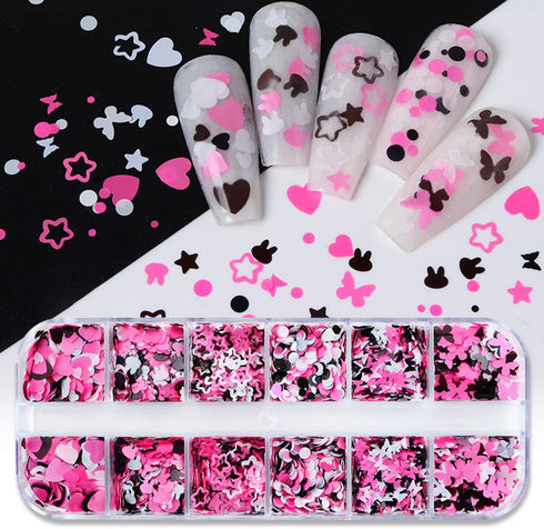 Holographic Nail Art Glitter Sequins, 3D Pink Black Flakes Designs, Love Heart Butterfly Star Floral Supplies for Women