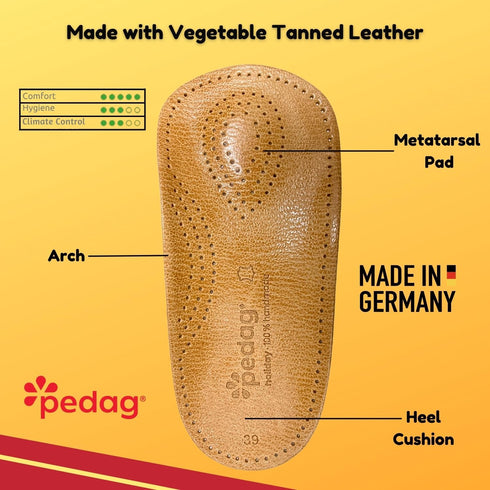 Pedag Holiday 3/4 Length Sheepskin Orthotic Inserts, Handmade in Germany, Arch Support, Tan, 1 Pair, US Women 11 / EU