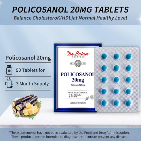 Dr. Brian Policosanol 20mg - Sugar Cane Policosanol Supplements for Body Health | Non-GMO | Vegetarian 90 Tablets