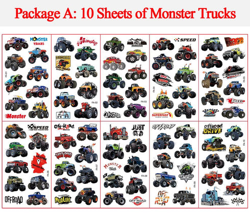 Monster Truck Temporary Tattoos 180Pcs (20 sheets) Construction Truck Car Airplane digger Various Vehical Temporary Tattoos for Kids Boys Girls Birthday Party Supplies Favors Fake Tattoos Prize Gifts