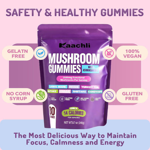 KAACHLI Gummies 500mg 8 Gummies Adults,80 Count Ashwagandha and Mushroom with Mushroom Blend (Reishi,Lion's