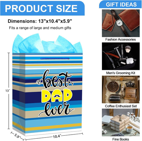 FaCraft Father's Day Gift Bag - 13" Large Happy Father's Day Paper Bag with Tissue Paper for Dad, Stepdad, Grandfather