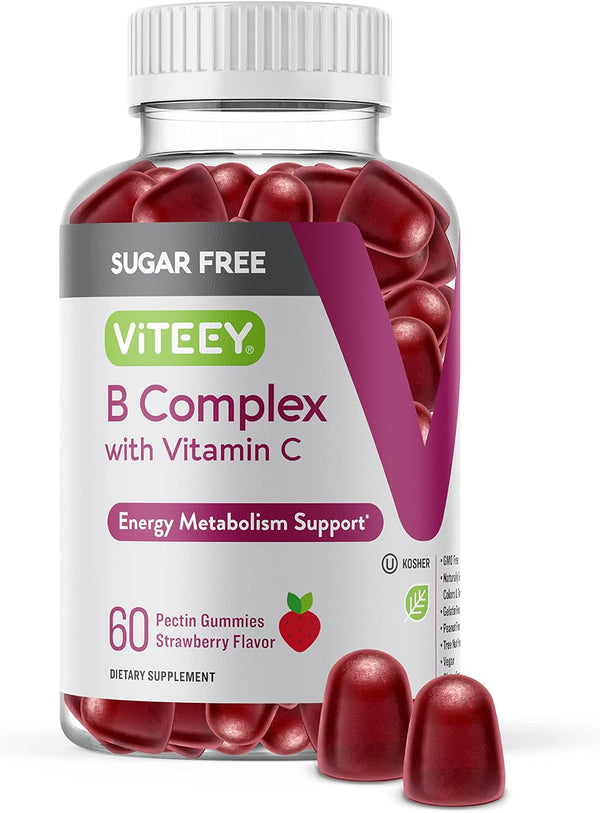 Vitamin B Complex Gummies with Vitamin C - Sugar Free | Energy, Metabolism & Nerve Health - Vegan, Gelatin Free,
