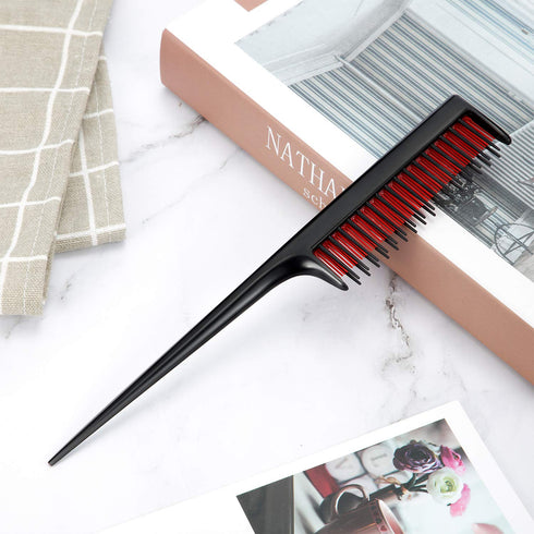 Leinuosen 3 Pcs Triple Teasing Comb for Women - Plastic Rat Tail Comb for Thick Fine Hair Styling (Black and Red)